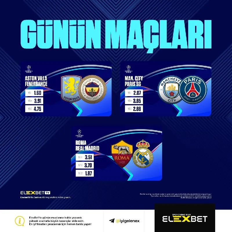 Elexbet Telegram: 🏆 Şampiyonlar Ligi'nde heyecan tavan yapıyor! ⚽️ Fenerbahçe, Real Madrid ve…