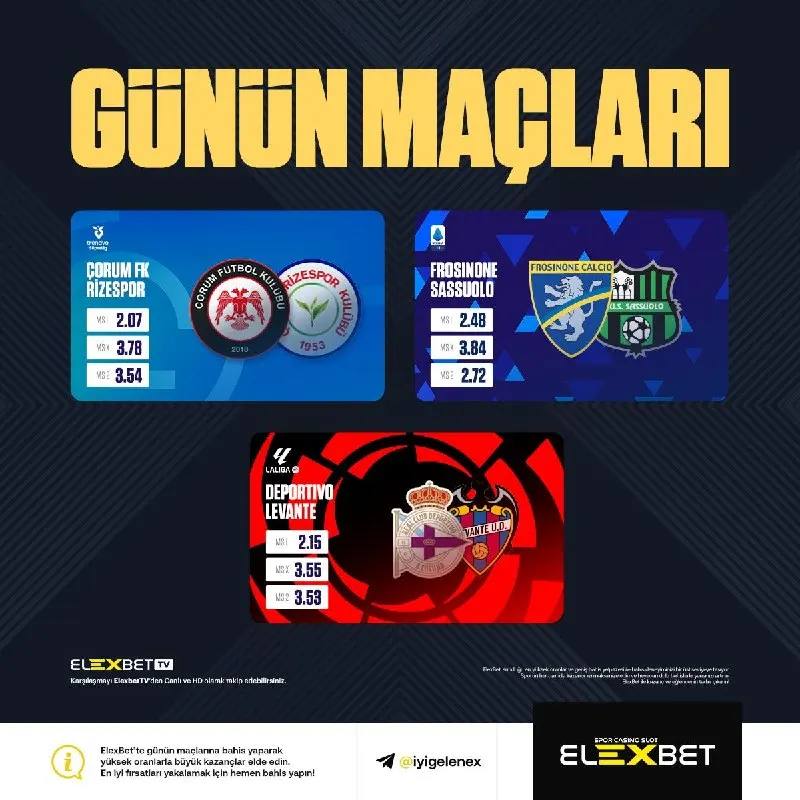 Elexbet Telegram: 🤝 Günün en kritik maçlarında yüksek oranlar kazanca dönüşüyor! 🔥 Çorum FK…