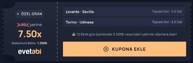 EvetAbi Telegram: 🥸 evetabi'den Özel Oran 👤 Levante - Sevilla ⚽️ Toplam Gol • 2.5 Üst ⚽️ Torino…