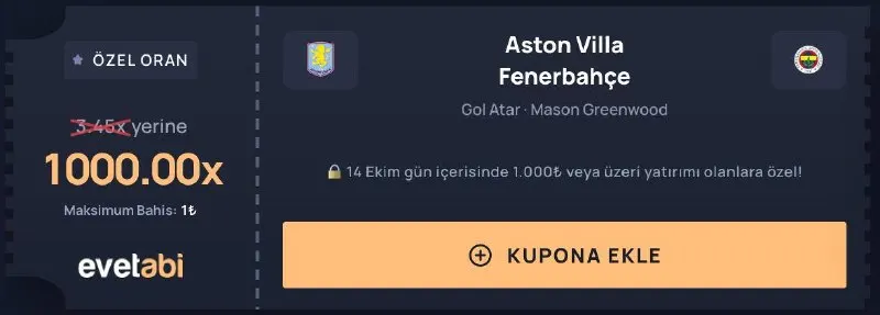 EvetAbi Telegram: 🥸 evetabi'den Özel Oran 🏴 Aston Villa - Fenerbahçe ⚽️ Oyuncu Gol Atar •…