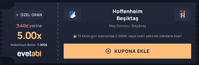 EvetAbi Telegram: 🥸 evetabi'den Özel Oran 🔵 Hoffenheim - Beşiktaş ⚽️ Maç Sonucu • Beşiktaş 3,45x…