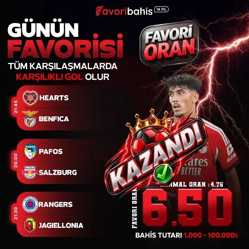 Favoribahis Telegram: 🔥 6.50 FAVORİ ORAN KAZANDI! ✅ ❤️ Günün Favori Oranı Geldi! 🏆 Özel Oran…
