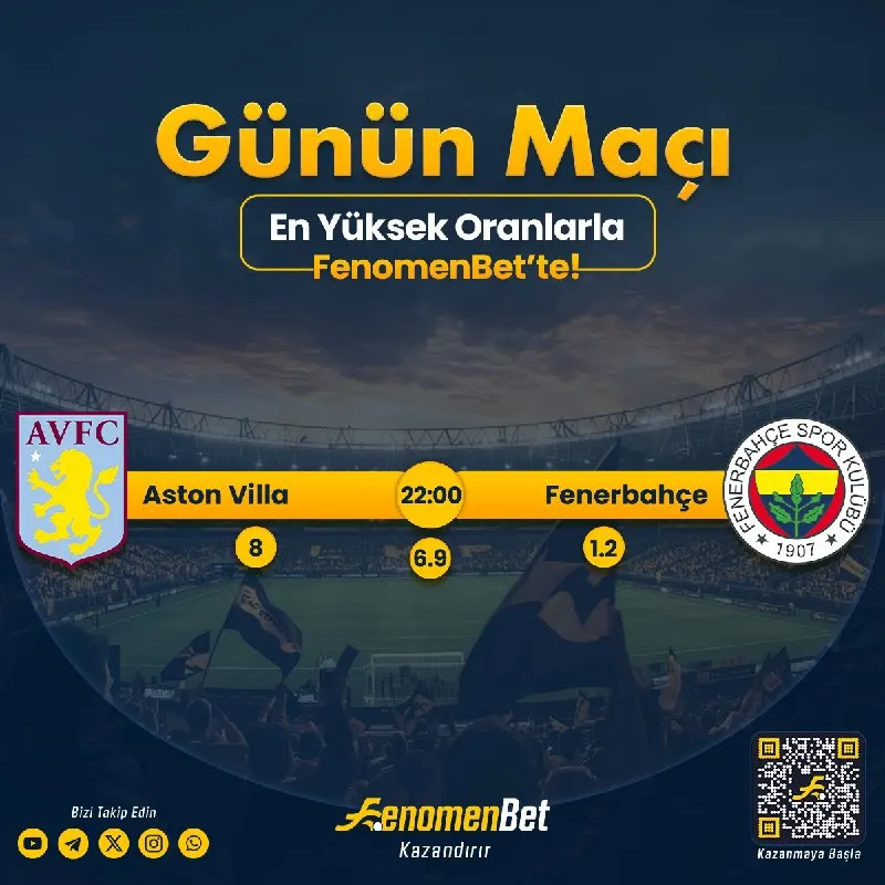 Fenomenbet Telegram: 🚨 ŞAMPİYONLAR LİGİ GECESİ! 🚨 Aston Villa 🆚 Fenerbahçe 💥 Devler sahnede Oranlar…