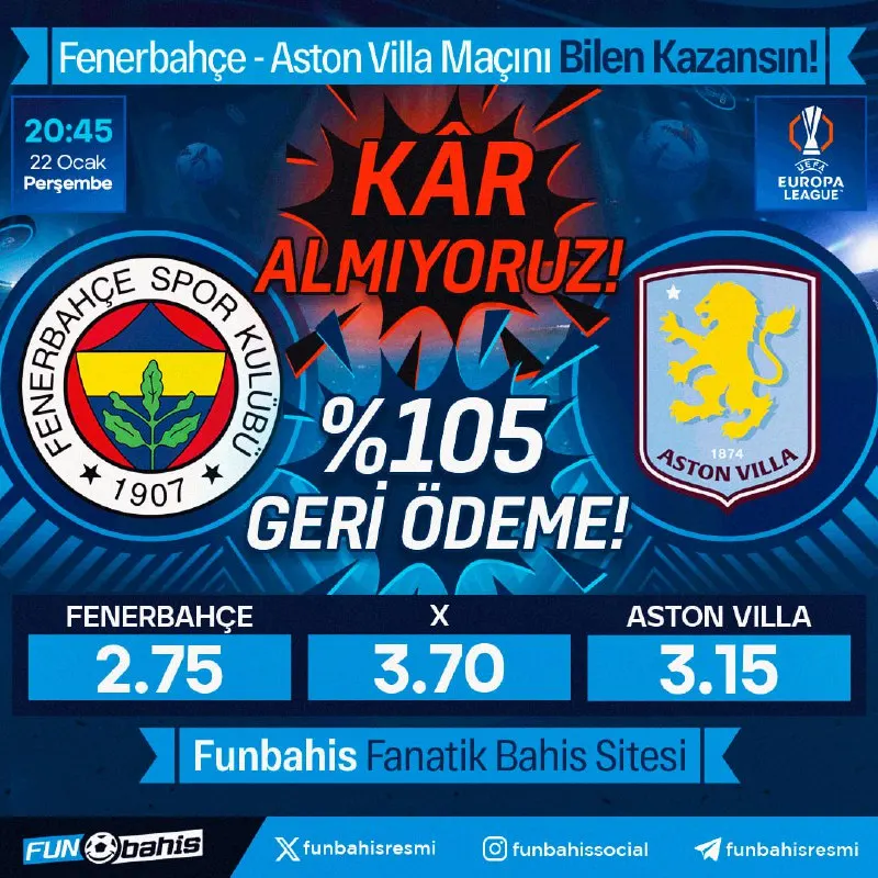 Funbahis Telegram: 🔥 ÖZEL ORAN YENİLENDİ🔥 Fenerbahçe 2.75 - 2.95 Aston Villa En yüksek oranlar…