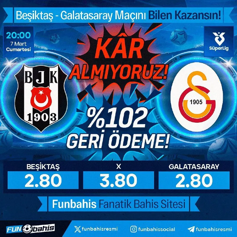 Funbahis Telegram: 🔥 ÖZEL ORAN 🔥 Beşiktaş 2.80 - 2.80 Galatasaray En yüksek oranlar Funbahis’te!…