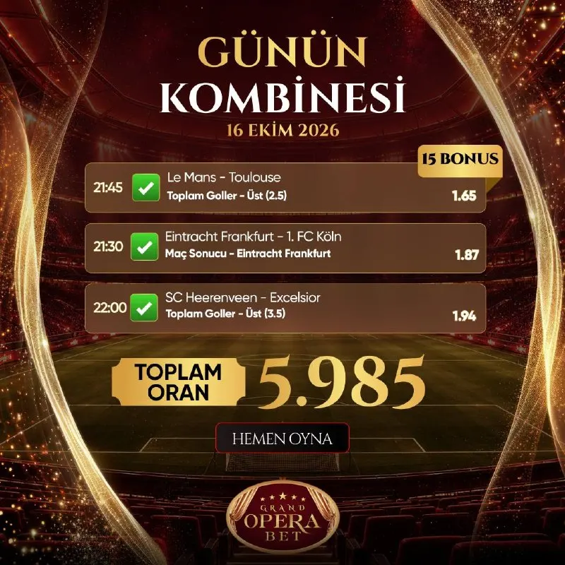 Grand Operabet Telegram: 🗓 16 EKİM 2026 ⚽ Le Mans - Toulouse ✅ Toplam Goller - Üst (2.5) @1.65 ⚽…