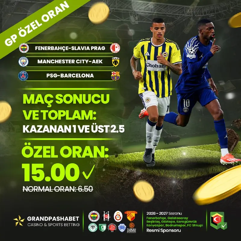 Grandpashabet Telegram: 🎖 ÖZEL ORAN FIRSATI! 🎖 ➖ Fenerbahçe-Slavia Pr ➖ Manchester City-AEK ➖…