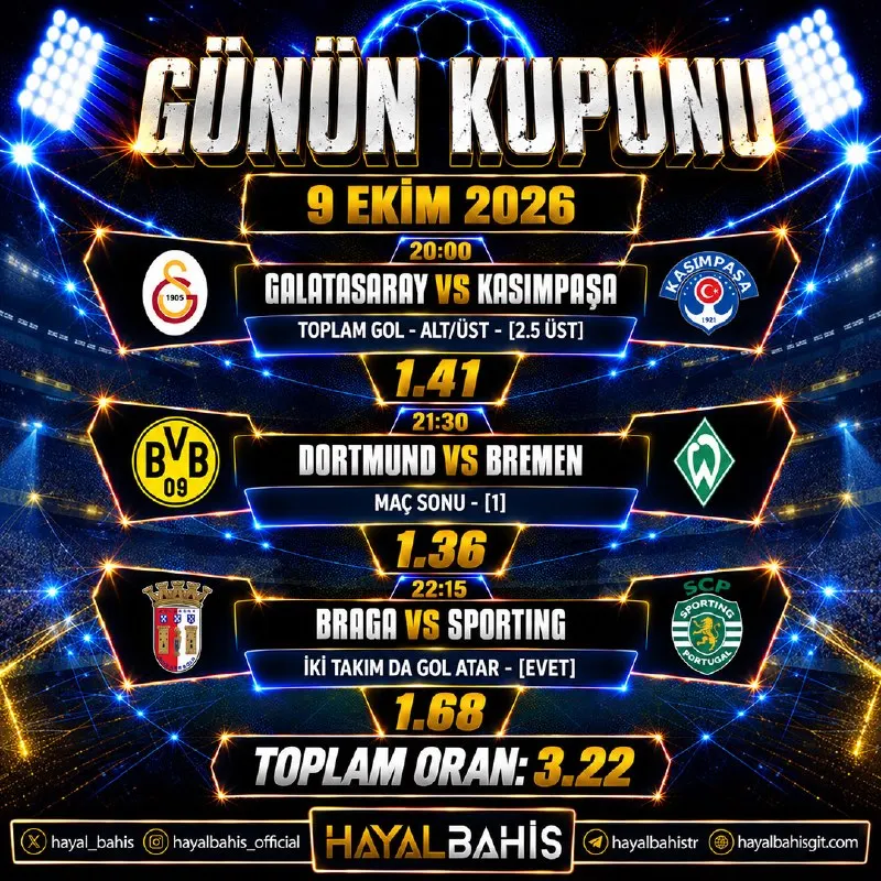 Hayalbahis Telegram: ⚡️ Tek Kuponla Hayalini Gerçekleştir! Bugünün en çok oynanan maçları ve iddialı…