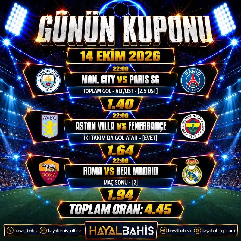 Hayalbahis Telegram: ⚡️ Tek Kuponla Hayalini Gerçekleştir! Bugünün en çok oynanan maçları ve iddialı…
