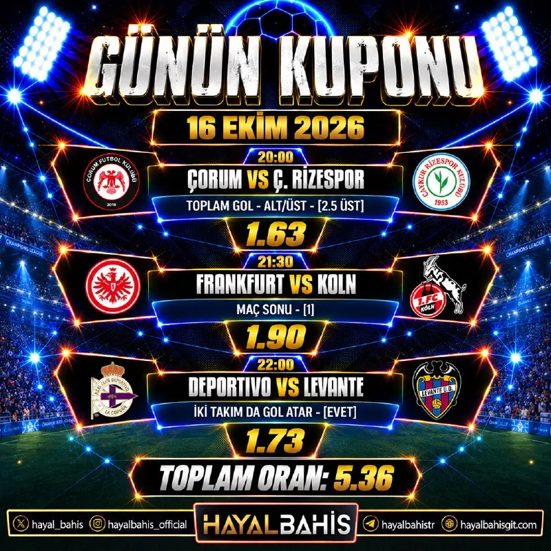 Hayalbahis Telegram: ⚡️ Tek Kuponla Hayalini Gerçekleştir! Bugünün en çok oynanan maçları ve iddialı…