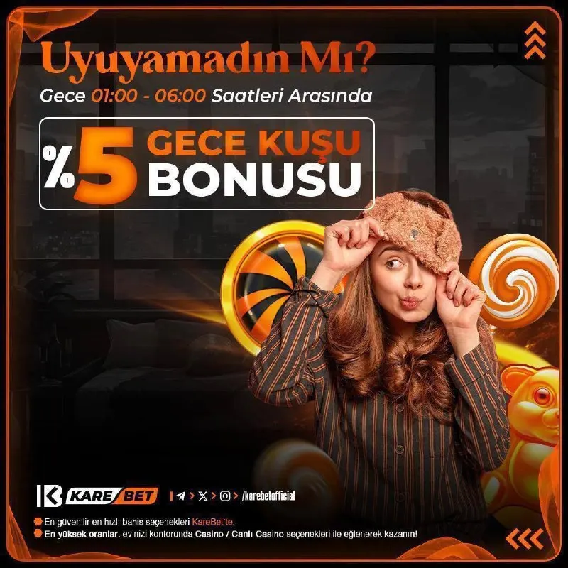 Karebet Telegram: GECE KUŞU BONUSU 🦉 Saat 01:00 ile 06:00 saatleri arasında geçerli kayıp…