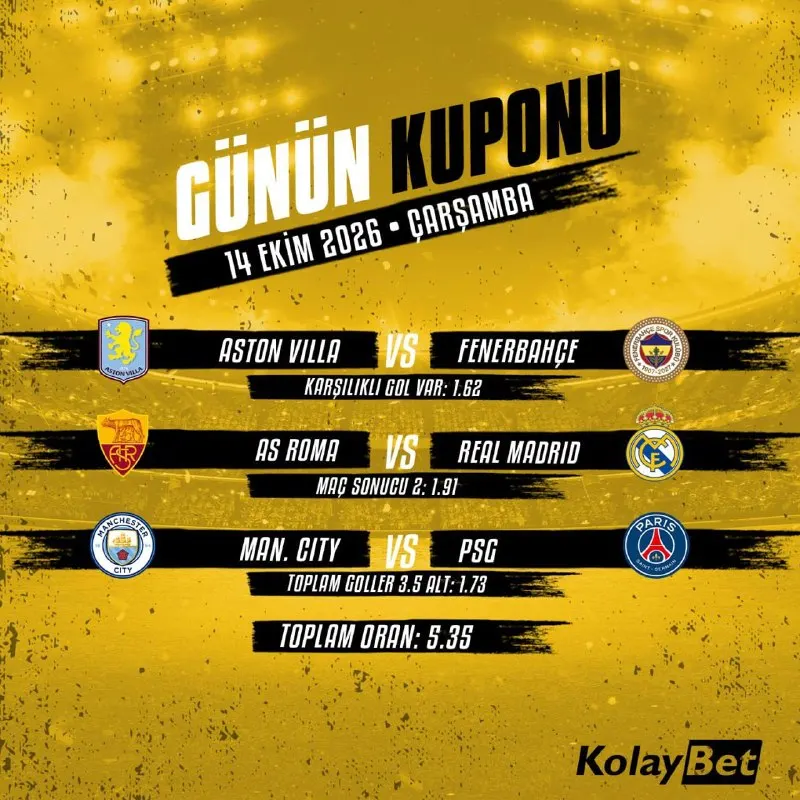 Kolaybet Telegram: 💥 GÜNÜN ÖNE ÇIKAN KARŞILAŞMALARI 🟡🔵 Aston Villa 🆚 Fenerbahçe İki takımın…