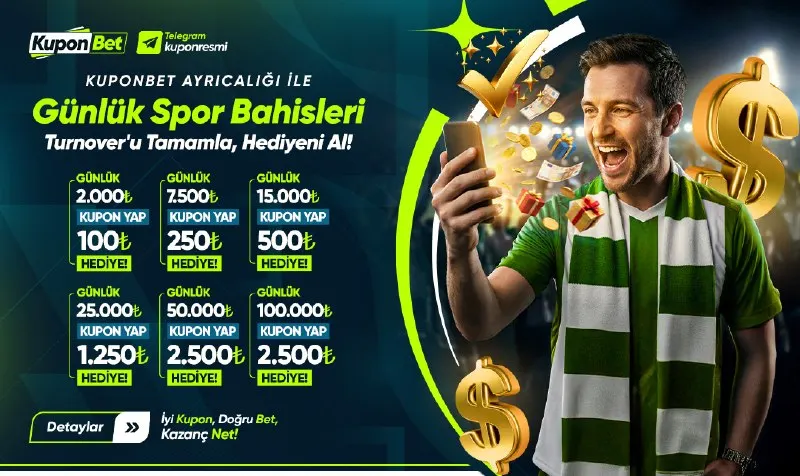 Kuponbet Telegram: 🏆 Günlük Spor Turnover Bonusu! 💰 2.500₺ → 100₺ | 7.500₺ → 250₺ 💰 15.000₺ → 500₺…
