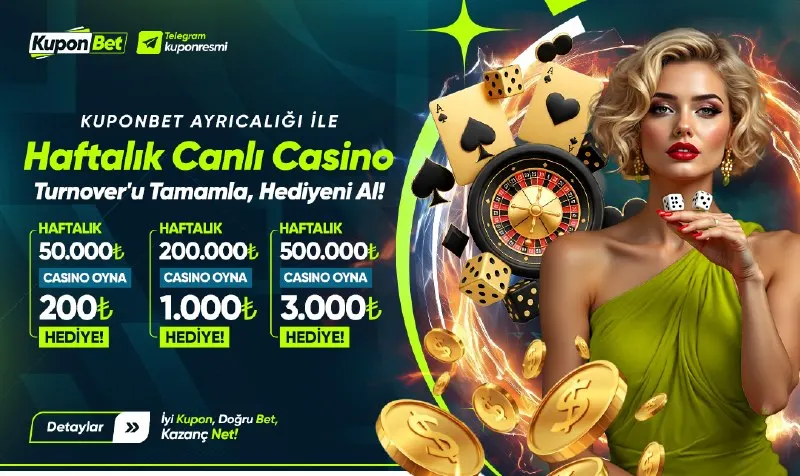 Kuponbet Telegram: 🎰 Haftalık Canlı Casino Turnover Bonusu! 💰 50.000₺ → 200₺ HEDİYE 💰 250.000₺ →…