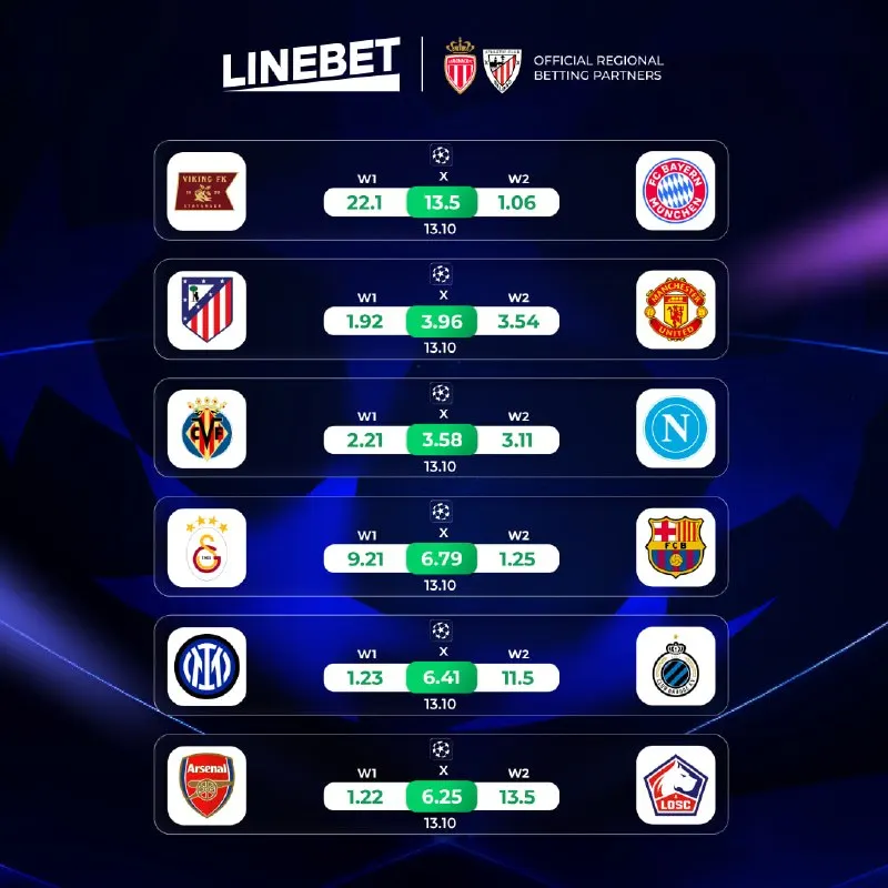 Linebet Telegram: 🇪🇺 Champions League matches are happening today! It's time to follow Europe's…