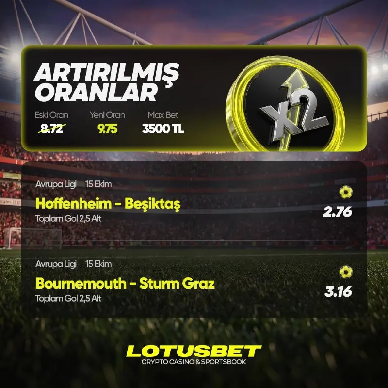 Lotusbet Telegram: 🇩🇪 Hoffenheim vs Beşiktaş 🇹🇷 Toplam Gol : 2.5 Alt 🏴 Bournemouth vs Sturm…
