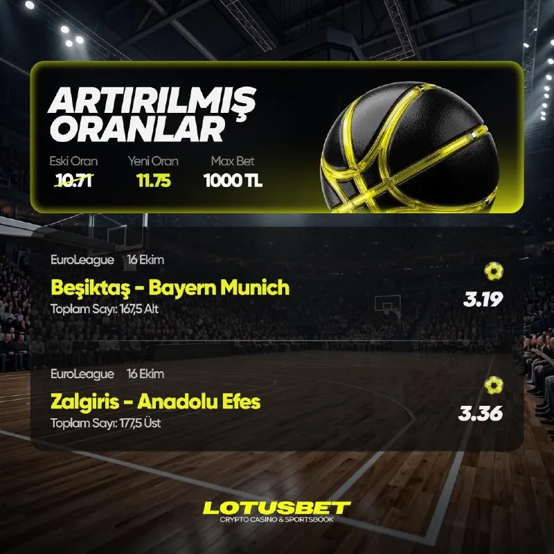 Lotusbet Telegram: 🏀 Beşiktaş vs Bayern Munich Toplam Sayı : 167.5 Alt 🏀 Zalgiris vs Anadolu Efes…