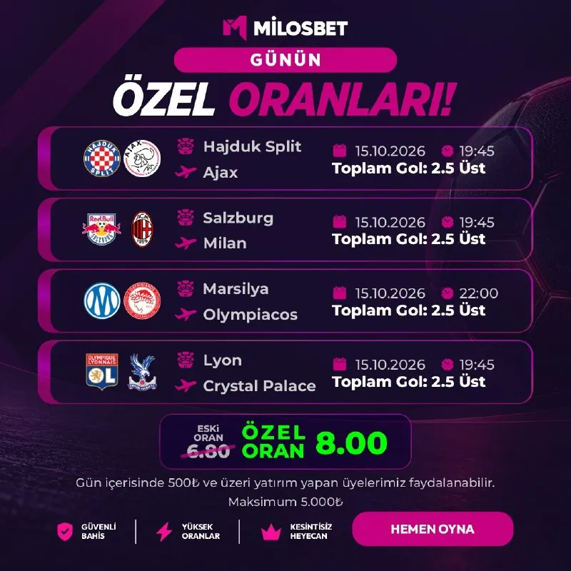 Milosbet Telegram: 😒😩😓 'te ÖZEL KOMBİNE ORAN!🔥 🔴 HKN Hajduk Split vs Ajax (2.5 ÜST) 🔴 Red Bull…