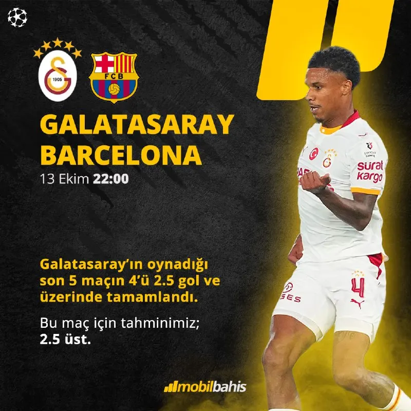 Mobilbahis Telegram: 📊 Galatasaray ile Barcelona 13 Ekim 22:00’de karşılaşıyor. Galatasaray’ın son 5…