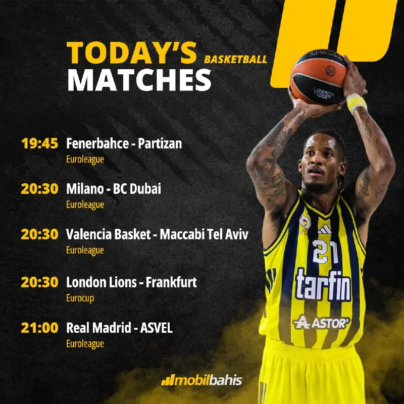 Mobilbahis Telegram: 🏆 Fenerbahce meets Partizan at 19:45, followed by Milano against BC Dubai at…