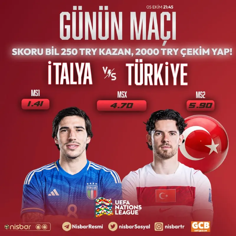 Nisbar Telegram: 🔔 GÜNÜN MAÇINA ÖZEL FREEBET ETKİNLİĞİ! ⚽️#İtalya 🆚 ⚽️#Türkiye ⚡️ Maçın skorunu…