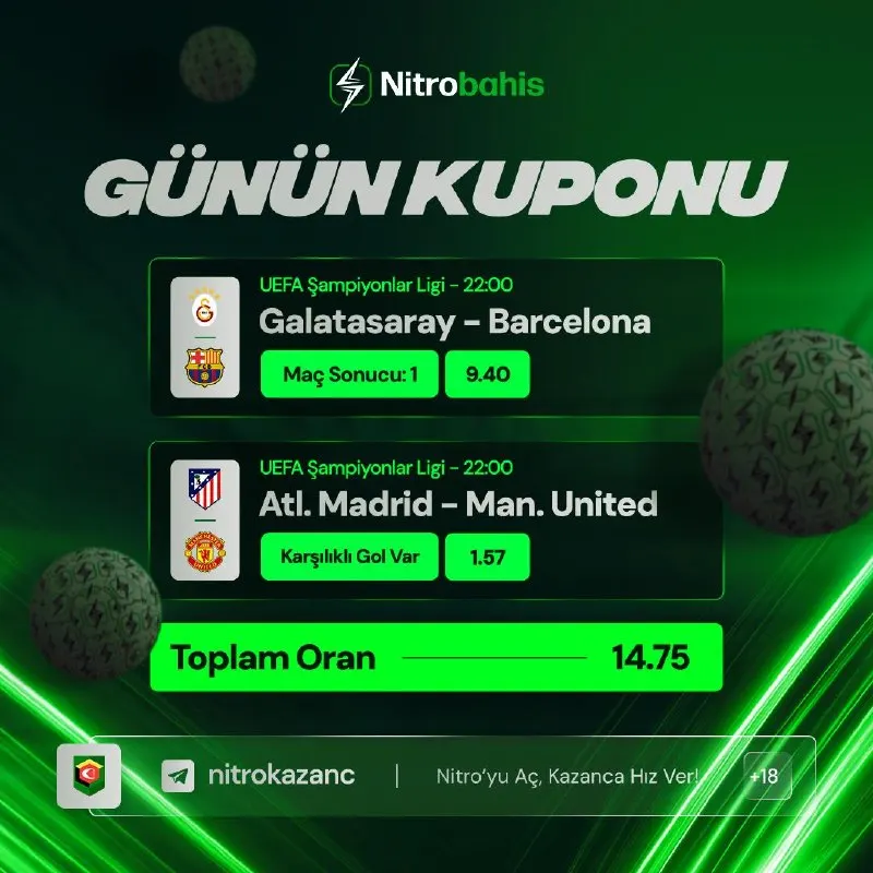 Nitrobahis Telegram: 🎫 GÜNÜN KUPONU HAZIR, TOPLAM ORAN 14.75! 🇹🇷 Galatasaray - Barcelona | Maç…