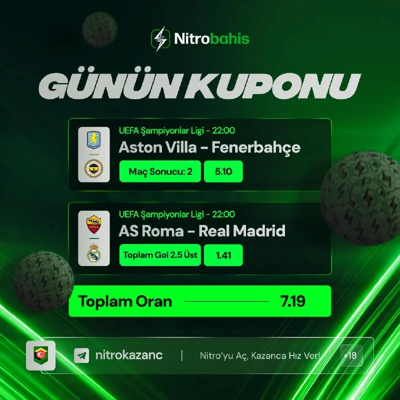 Nitrobahis Telegram: 🎫 GÜNÜN KUPONU HAZIR, TOPLAM ORAN 7.19! 🇹🇷 Aston Villa - Fenerbahçe | Maç…