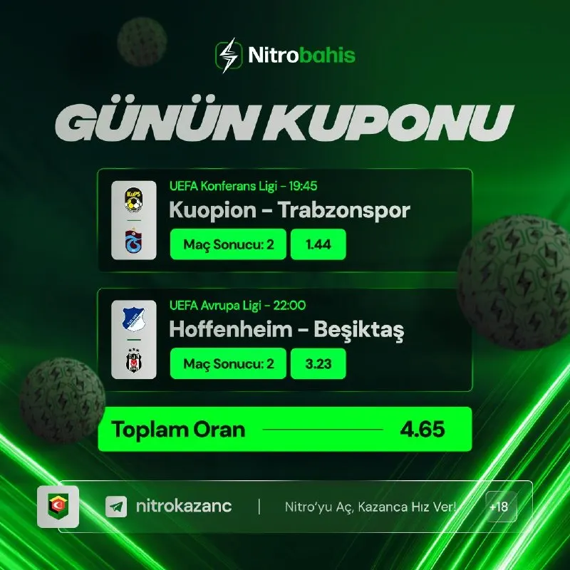 Nitrobahis Telegram: 🎫 GÜNÜN KUPONU HAZIR, TOPLAM ORAN 4.65! 🇹🇷 Kuopion - Trabzonspor | Maç Sonucu 2…