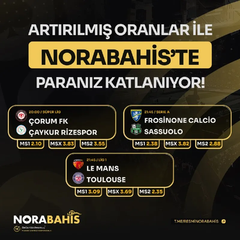 Norabahis Telegram: 🏆 Günün Karşılaşmaları İle En Yüksek Oranlarla Bahis İmkanı 👾 Arttırılmış…