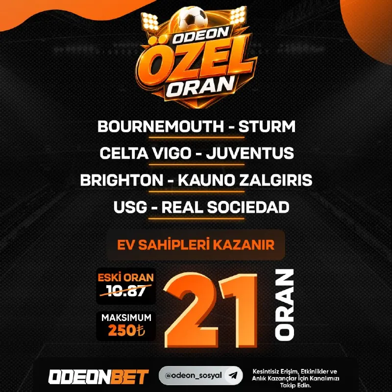 Odeonbet Telegram: 2️⃣1️⃣ 🧡🧡🧡🧡🧡🧡 📌Son 1 gün içerisinde tek seferde minimum 1.000₺ yatırımı olan…