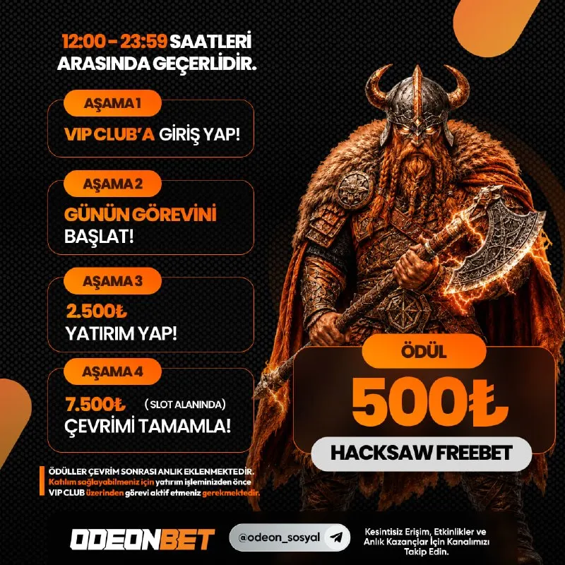 Odeonbet Telegram: 🔥 Happy Hours Devam Ediyor! ⏳ 23:59’a kadar aşağıdaki adımları tamamla; 😊 VIP…