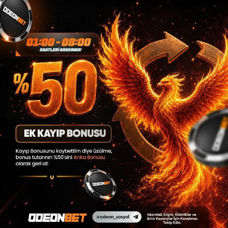 Odeonbet Telegram: 🤩 Küllerinden doğma saati geldi! ⏰ 01:00 – 08:00 saatleri arasında 😉 %50 Anka…