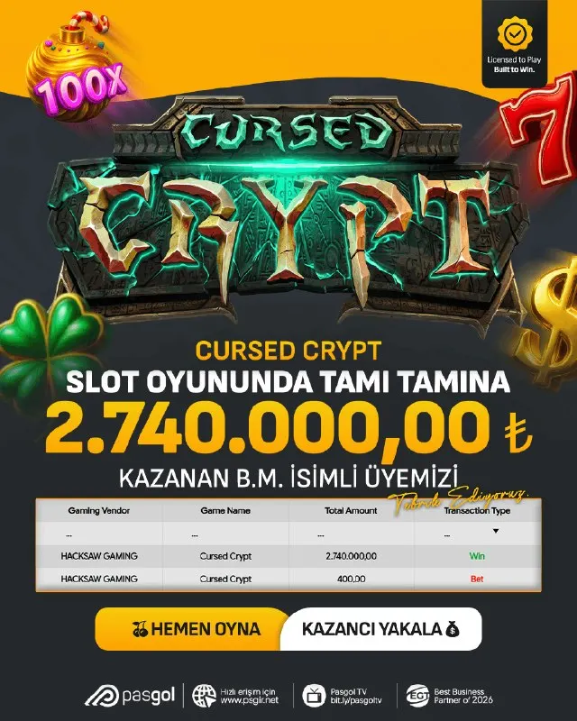 Pasgol Telegram: 💥 PASGOL’DE DİKKAT ÇEKEN KAZANÇ! 💰 Cursed Crypt’te 400 TL bahisle tam 2.740.000…