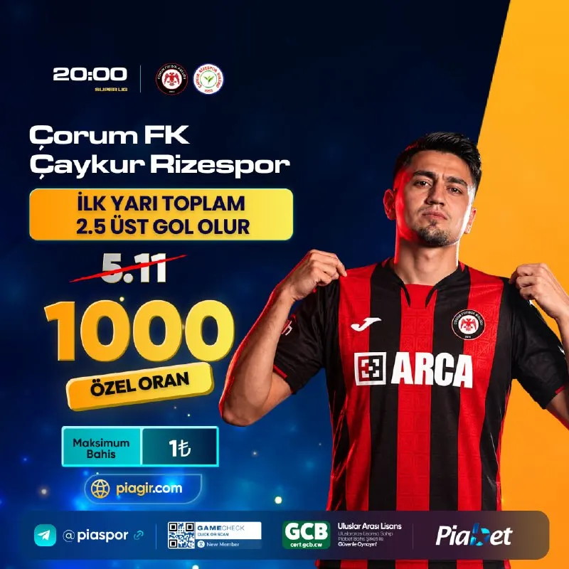 Piabet Telegram: 🏆 PİABET'TE 1000 ÖZEL ORAN! ÇORUM FK - ÇAYKUR RİZESPOR ⚽️ İLK YARI TOPLAM 2.5…