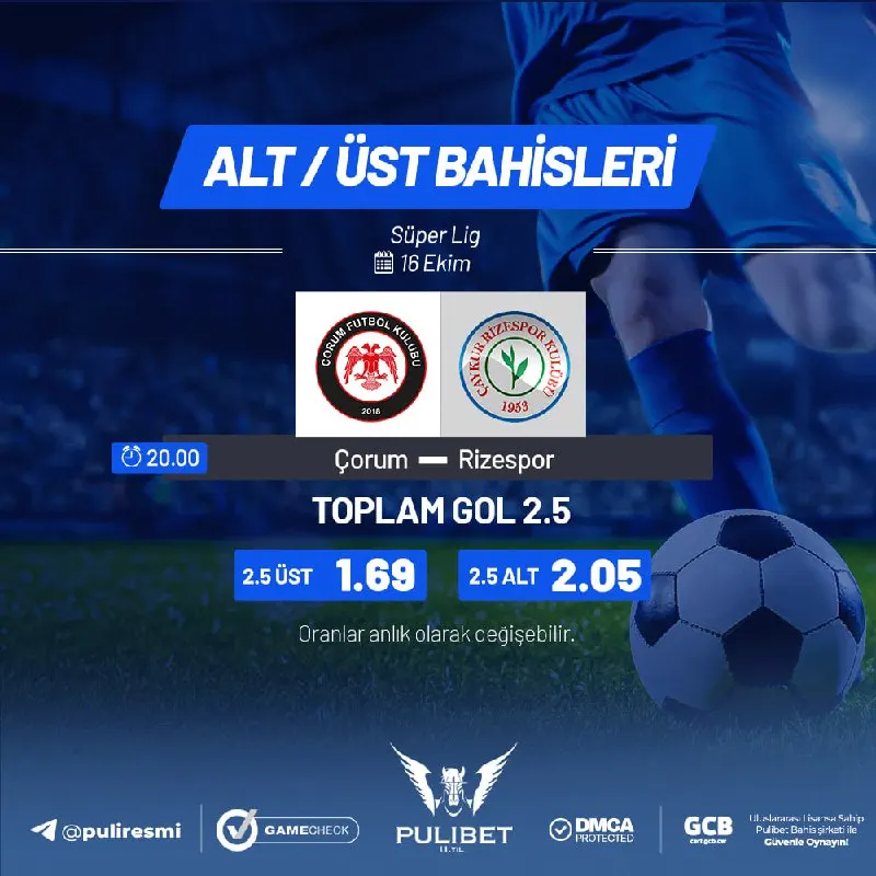 Pulibet Telegram: 🏆 Bu maç 2 golde kalır mı dersiniz?💙 ‼️Çorum SK. - Ç.Rizespor için çizgi 2.5!…