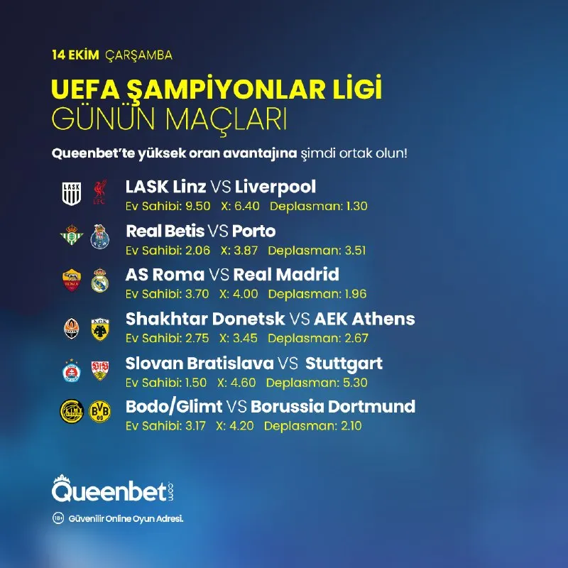 Queenbet Telegram: ⚽️ Şampiyonlar Ligi gecesi! 🏆 Günün kazandıran kombinesi sahnede 🌟 Yıldızlar…