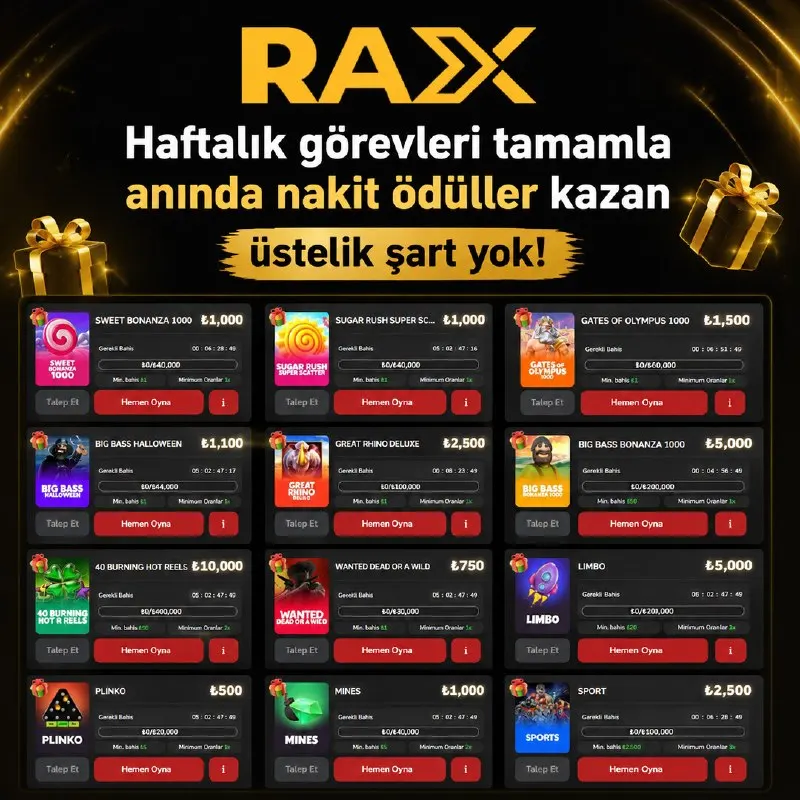 Raxcasino Telegram: 🎯 Haftalık Görevler Seni Bekliyor! Tamamladığın her görev seni anında nakit…
