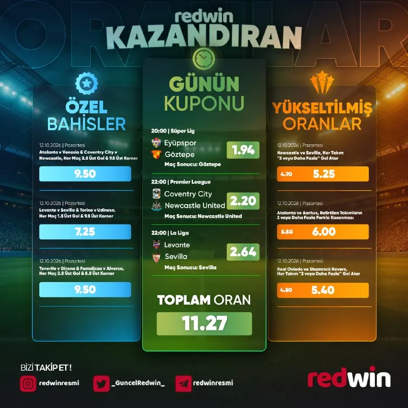 Redwin Telegram: ⚽️ Bu kupon kaçmaz‼️Sadece oran değil, heyecan da zirvede. 🎁 Riskli tercihlerle…