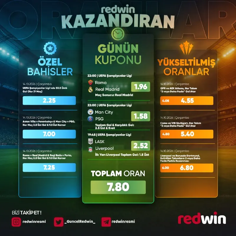 Redwin Telegram: ⚽️ Bu kupon kaçmaz‼️Sadece oran değil, heyecan da zirvede. 🎁 Riskli tercihlerle…