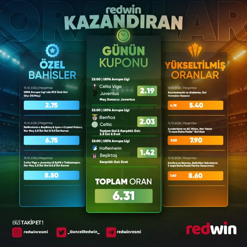 Redwin Telegram: ⚽️ Bu kupon kaçmaz‼️Sadece oran değil, heyecan da zirvede. 🎁 Riskli tercihlerle…