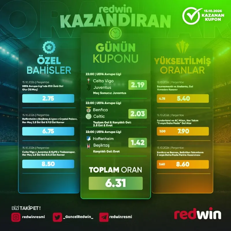 Redwin Telegram: ✅ 15.10.2026 KAZANAN KUPON 🟢 REDWİN kazandırmaya devam ediyor. Günün tahminleri…