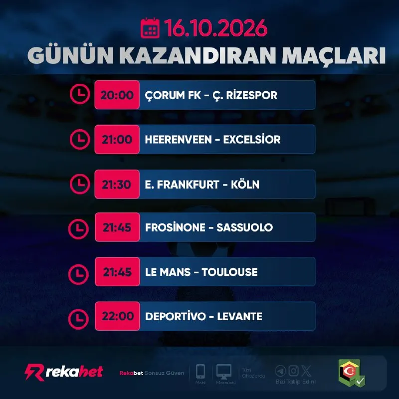 Rekabet Telegram: 🏟 Günün en çok konuşulan karşılaşmaları seni bekliyor! ⚽️ Günün maçlarını hemen…