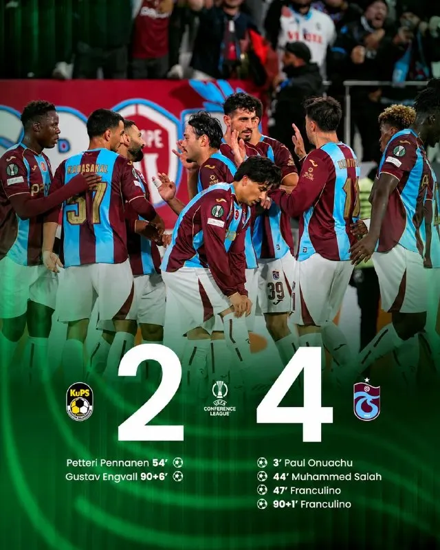 Rekorbet Telegram: 🚨 Trabzonspor, Konferans Ligi’ndeki ilk maçında KuPS’u 4-2 mağlup etti.