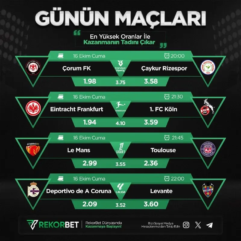 Rekorbet Telegram: ⚽️ Rekorbet'te günün öne çıkan maçları sizleri bekliyor! 🚀 Tüm karşılaşmaları…