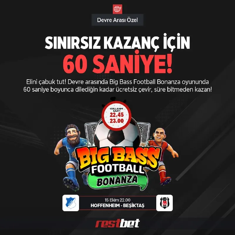 Restbet Telegram: ⏰ Sınırsız kazanç için 60 saniyen var! 🎰 Devre arası Big Bass Football Bonanza…