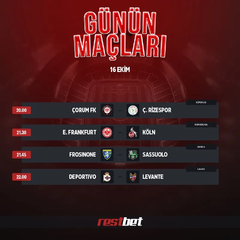 Restbet Telegram: 🔴🔴🔴🔴 ile günün maçlarına bahis yap! 🇹🇷 Çorum FK - Ç. Rizespor 🇩🇪 E. Frankfurt…