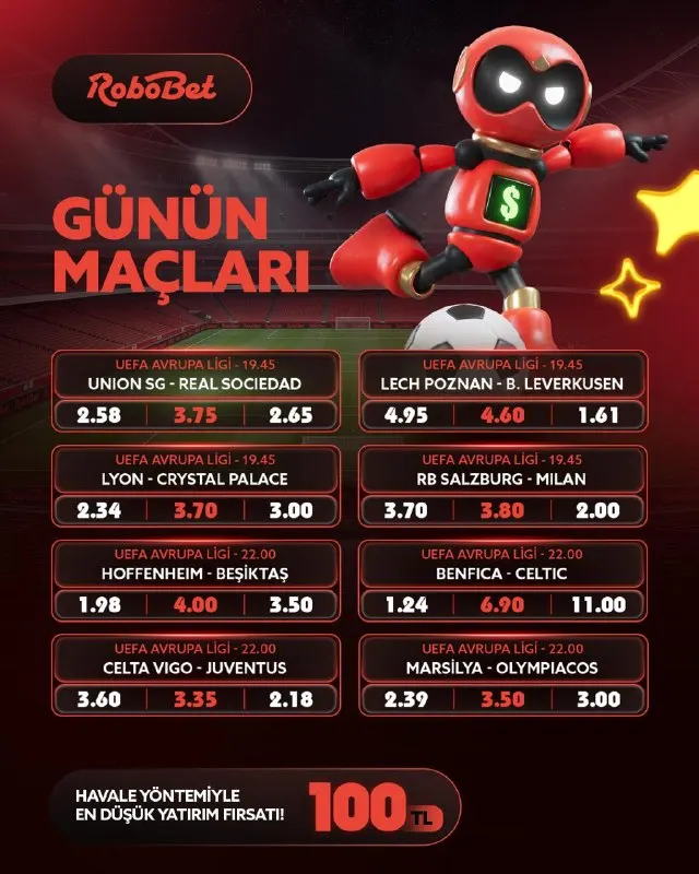 Robobet Telegram: ❗️ GÜNÜN MAÇLARINDA KAZANCINI KATLAYACAK ORANLAR ROBOBET'TE SENİ BEKLİYOR! ❗️ 📱…