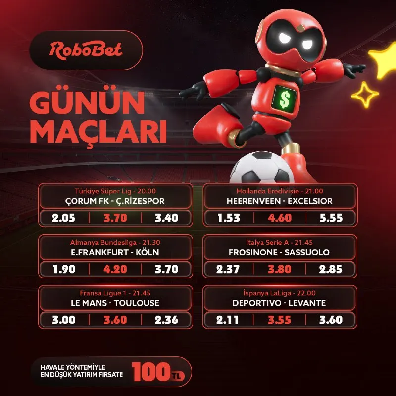 Robobet Telegram: ❗️ GÜNÜN MAÇLARINDA KAZANCINI KATLAYACAK ORANLAR ROBOBET'TE SENİ BEKLİYOR! ❗️ 📱…