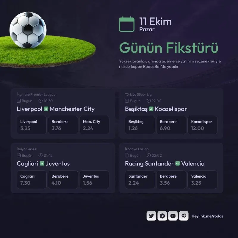 Rodosbet Telegram: Günün maçları ile sende kazanmaya Rodosbet’te hazır mısın ? ⏰ 18:30 LİVERPOOL…