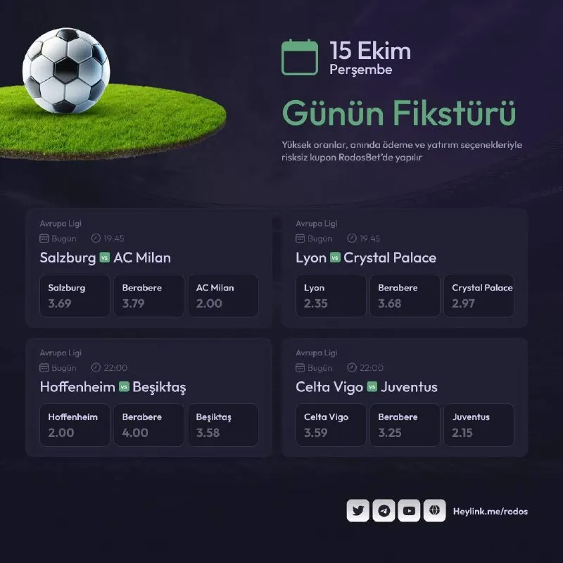 Rodosbet Telegram: Günün maçları ile sende kazanmaya Rodosbet’te hazır mısın ? ⏰ 19:45 SALZBURG 🔤🔤…